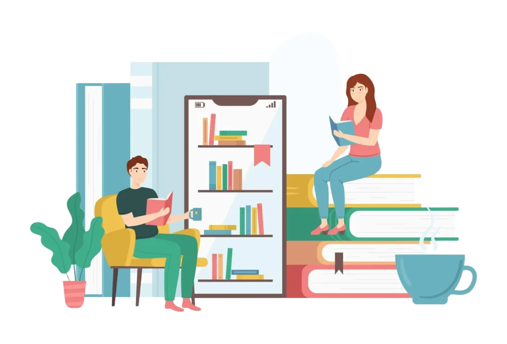 Illustration d'un homme assis dans un fauteuil avec un roman et une tasse de thé dans la main, une femme assise sur une pile de livres, une tasse de café, et une liseuse contenant plusieurs livres sur des étagères virtuelles.